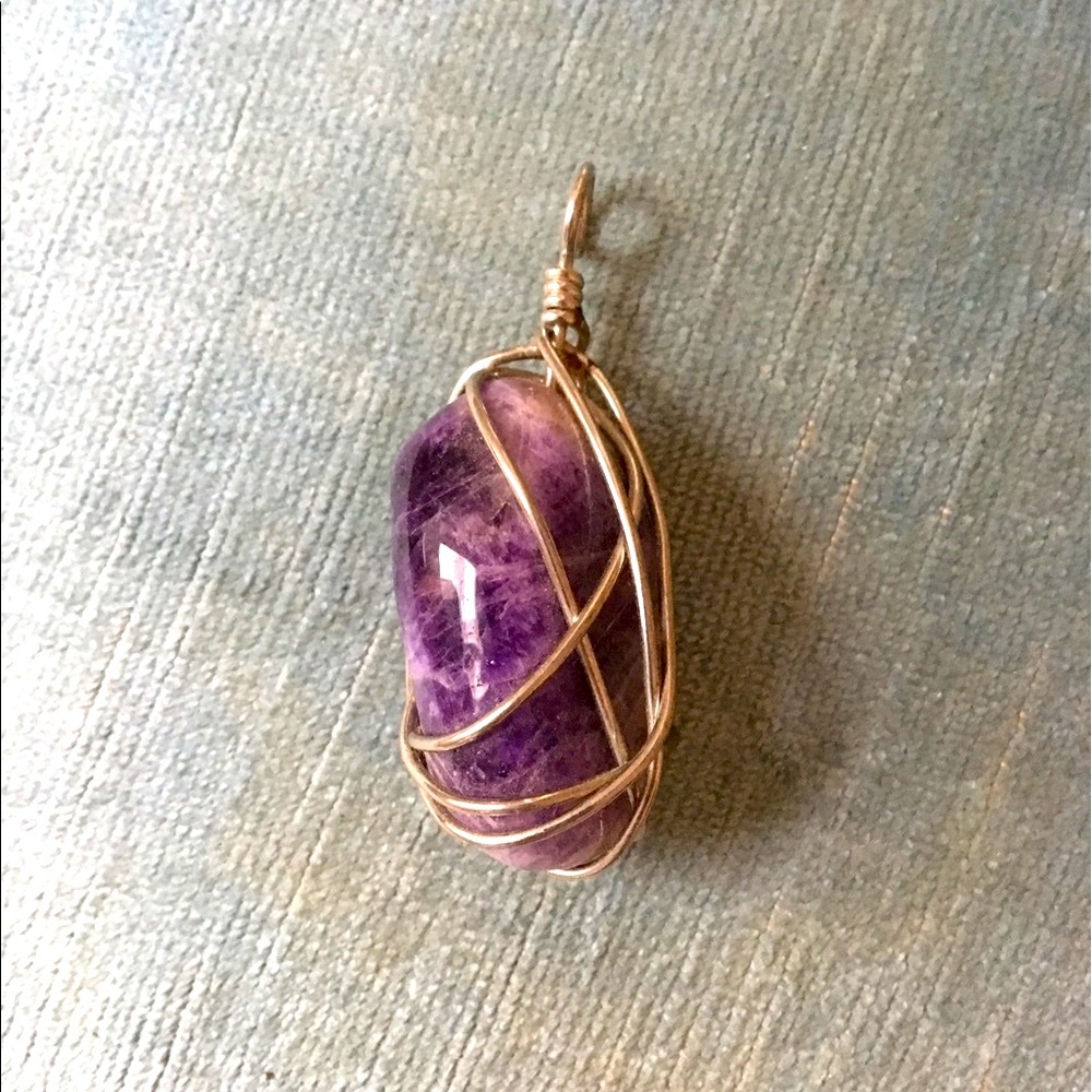 Sterling Wire Wrap Large Crystal Pendant Necklace